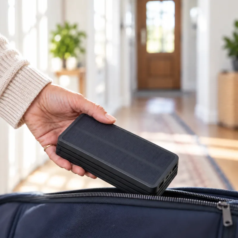 A hand slips a folded TerraCell into a travel bag by the front door.