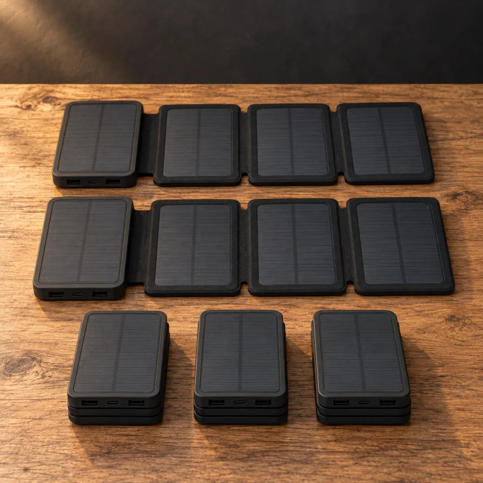 Five TerraCells on a wooden table, two opened flat and three folded, their USB ports on the ends.
