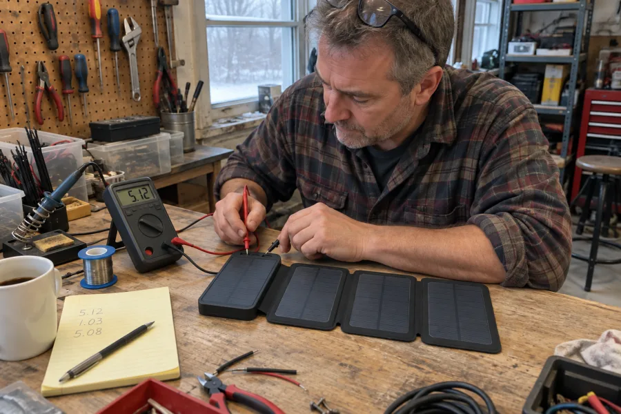 An engineer at his garage workbench tests an early TerraCell with a meter.