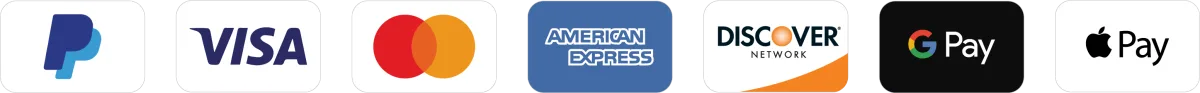 PayPal, Visa, Mastercard, American Express, Discover, Google Pay, Apple Pay
