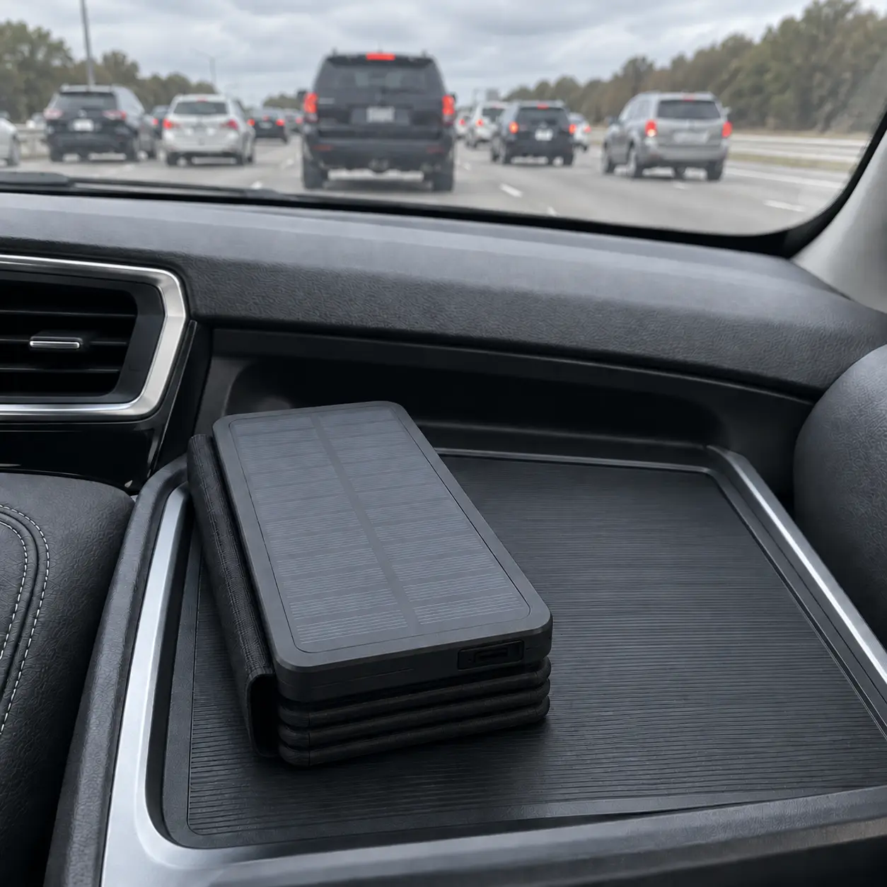 Dale's TerraCell folded in the car's console tray on the interstate.