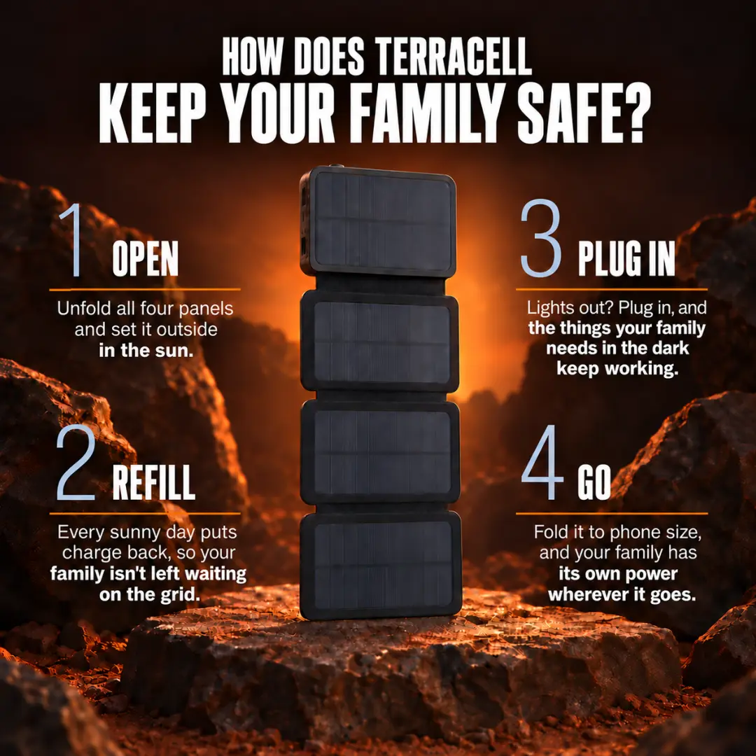 How Does TerraCell Keep Your Family Safe?. Four steps around TerraCell standing open on a rock: open it in the sun, let the sun put charge back, plug in what the family needs when the lights go out, then fold it and go.
