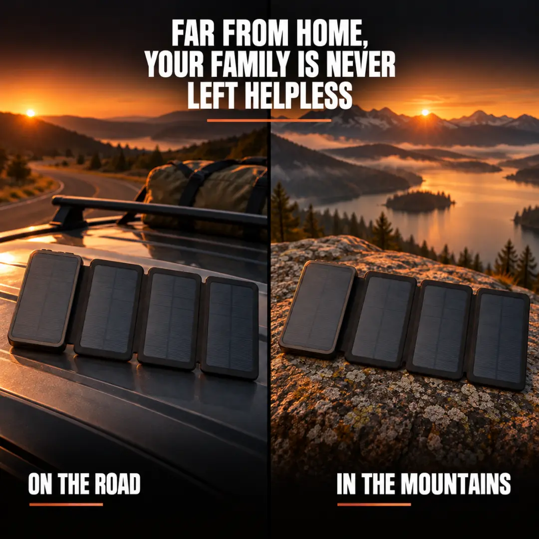 Far From Home, Your Family Is Never Left Helpless. TerraCell open on the roof of a packed car at sunset, and on a rock above a mountain lake.