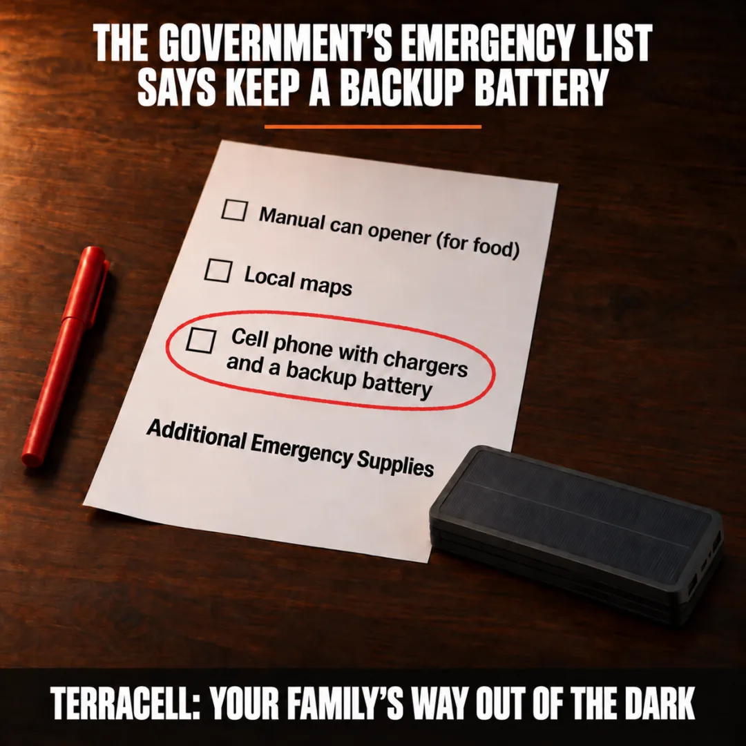 The Government’s Emergency List Says Keep a Backup Battery. Ready.gov's emergency kit list with "Cell phone with chargers and a backup battery" circled, TerraCell folded beside it.