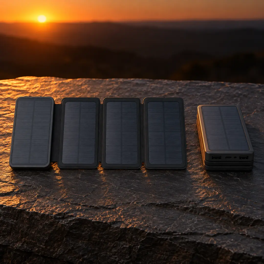 TerraCell, open and folded, side by side on a stone ledge at sunset, both at their true size.