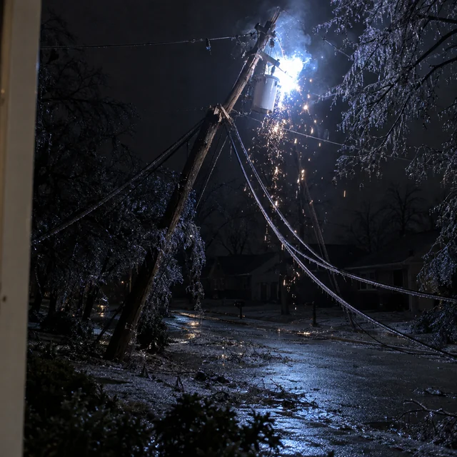 A night ice storm: a pole-top transformer bursting in a blue-white flash, sparks falling through iced branches, a snapped pole and sagging lines over a dark street.