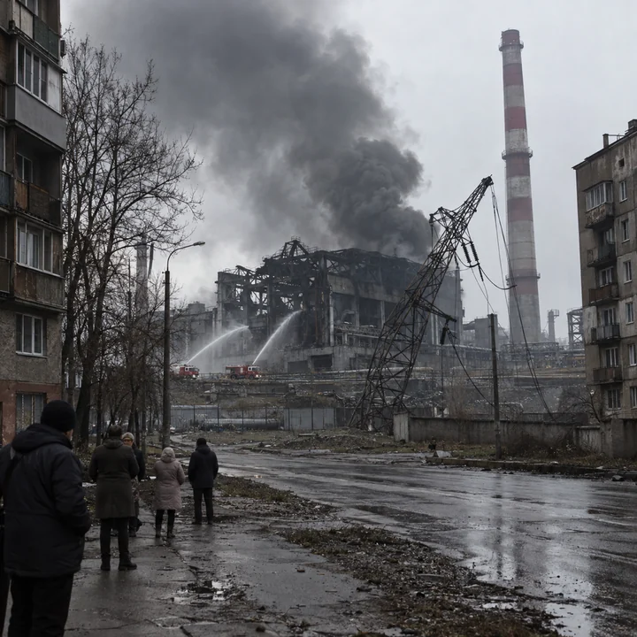 A city's power plant the morning after a missile strike: the turbine hall torn open and pouring black smoke, fire crews spraying it, a pylon down, residents watching from a street of dark apartment blocks.