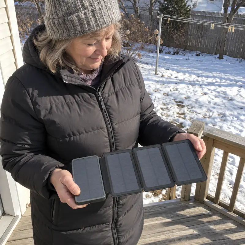 A woman on her back step holds TerraCell open in both hands, its panels tilted to the winter sun.