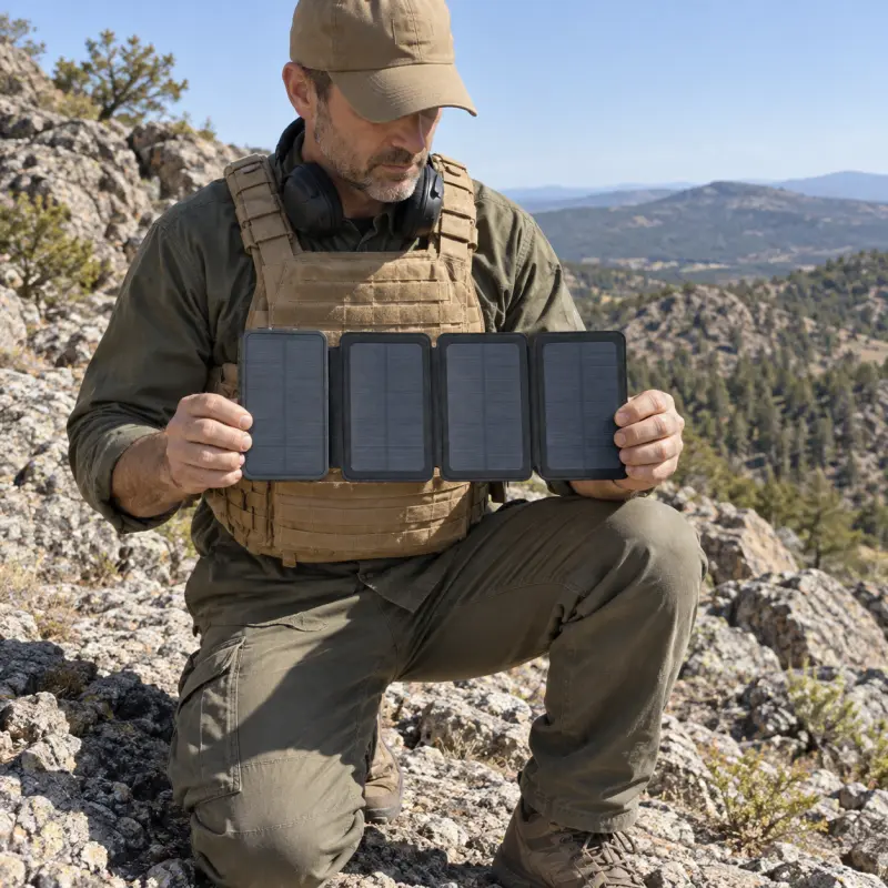 A man in plain tactical gear kneels on a sunny ridge holding TerraCell open, its four panels tilted to the sun.