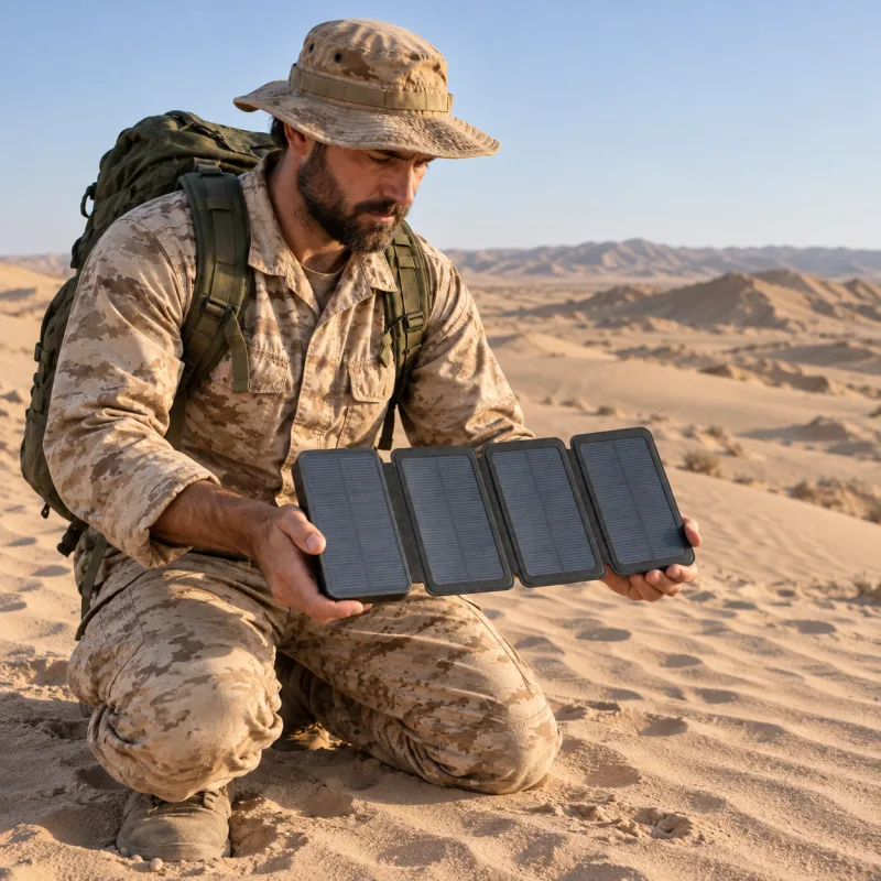 A soldier in desert camouflage kneels on a desert ridge at dawn holding TerraCell open, its four panels tilted to the sun.