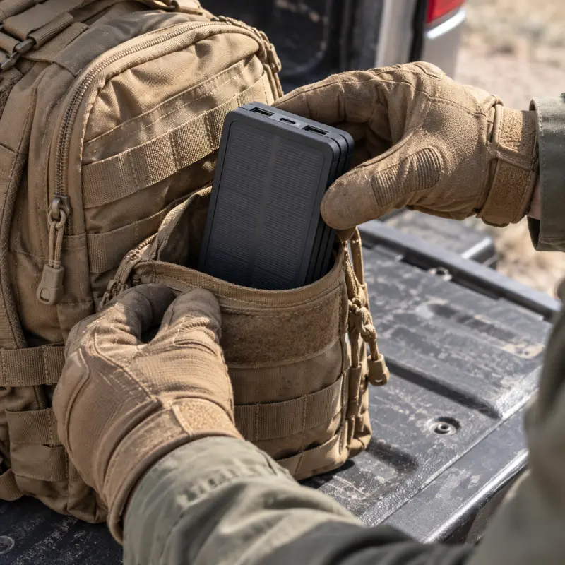 Gloved hands slide a folded TerraCell into a pouch on a tactical backpack.