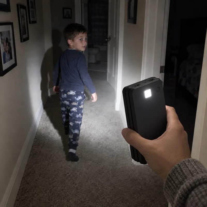 A woman's hand holds the folded TerraCell in a dark upstairs hallway, the built-in LED light on its back lighting the way for her small boy.