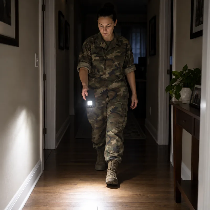 A woman soldier walks a dark corridor holding the folded TerraCell, the built-in LED on its back lighting the floor ahead.