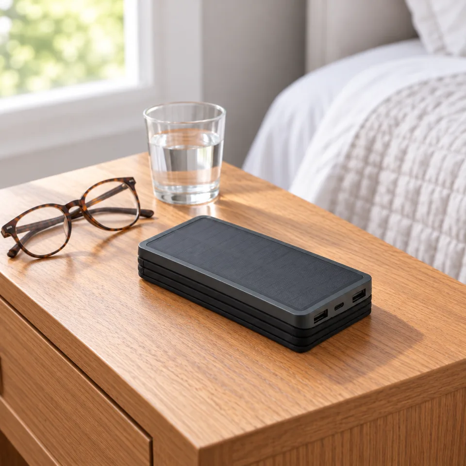 A folded TerraCell on a nightstand beside reading glasses and a glass of water.