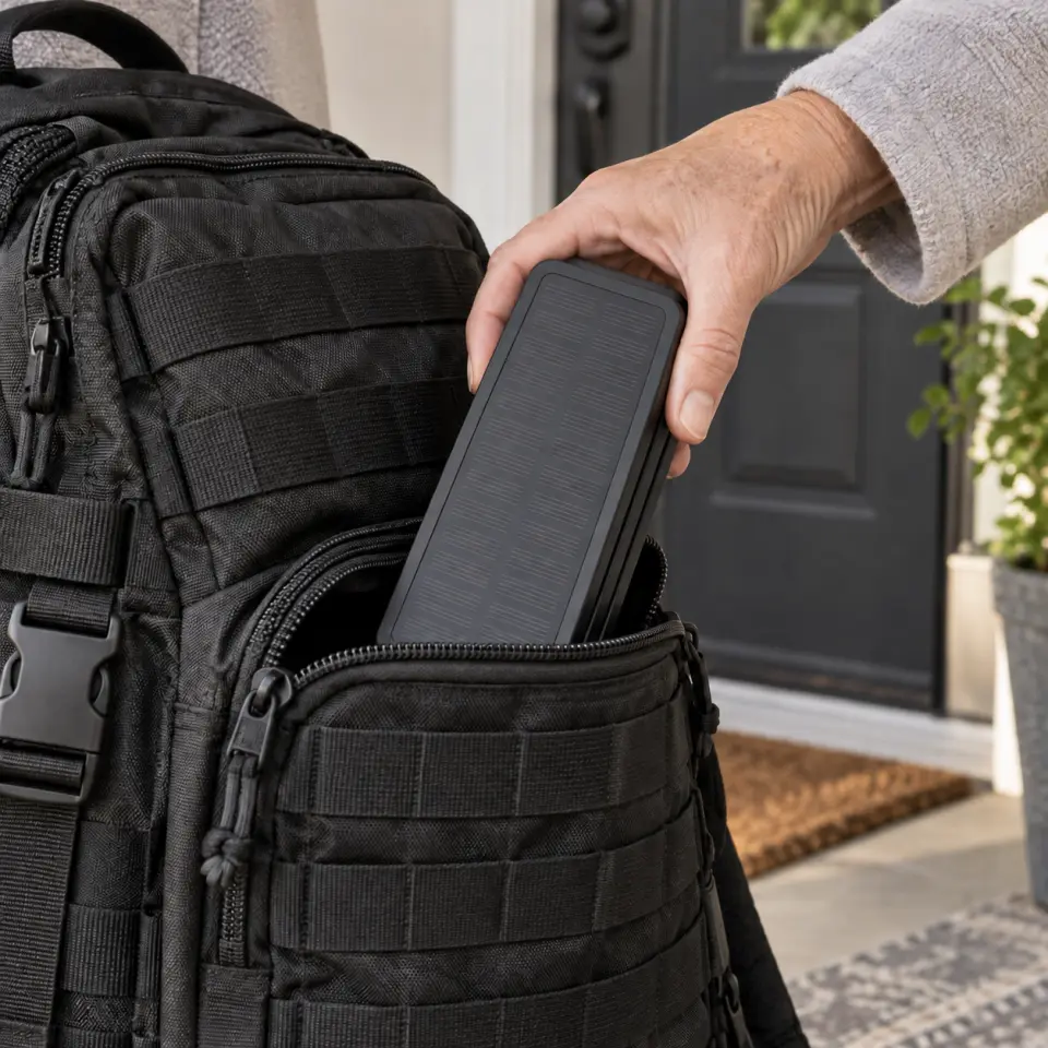 A hand slides a folded TerraCell into the front pocket of a go-bag by the door.