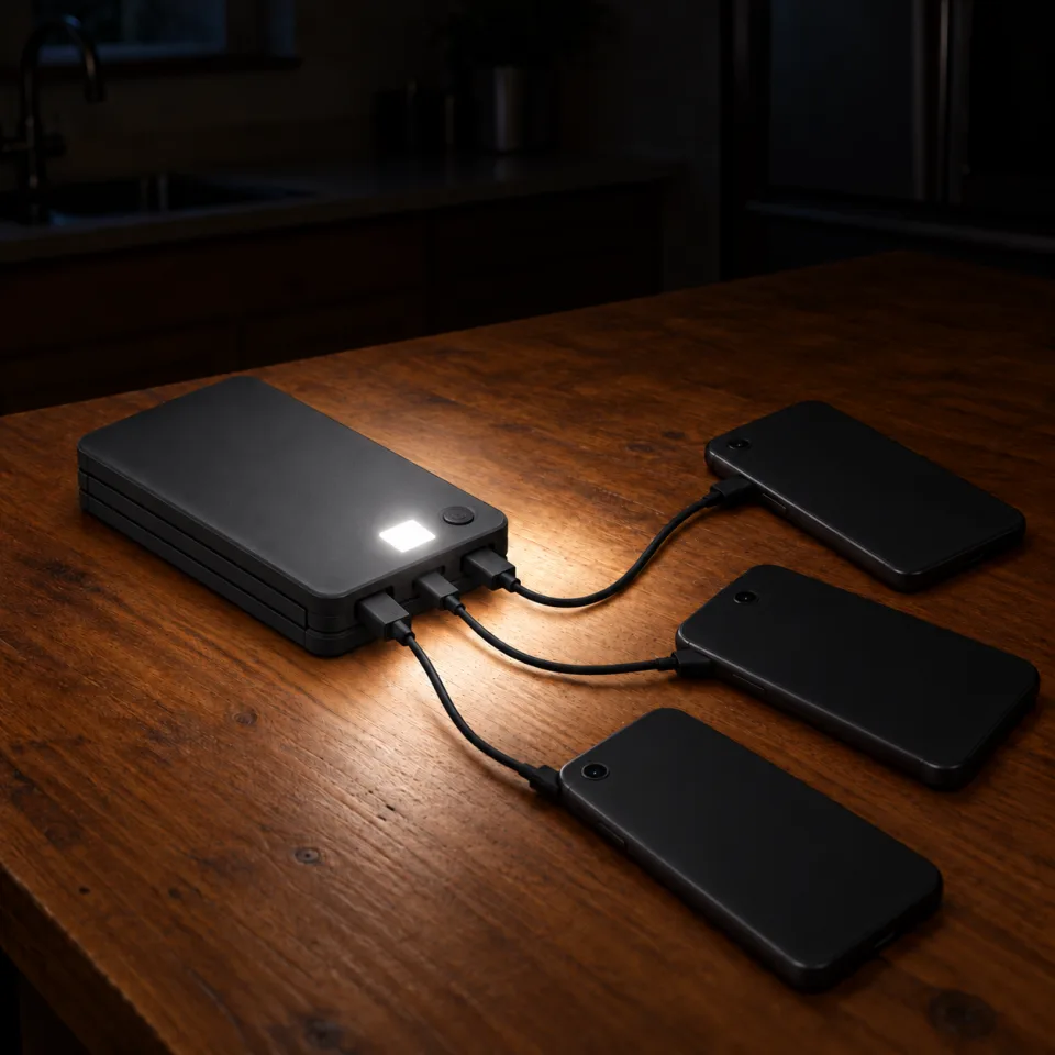 A folded TerraCell on a kitchen table at night, its built-in light on and three phones charging from its three ports.