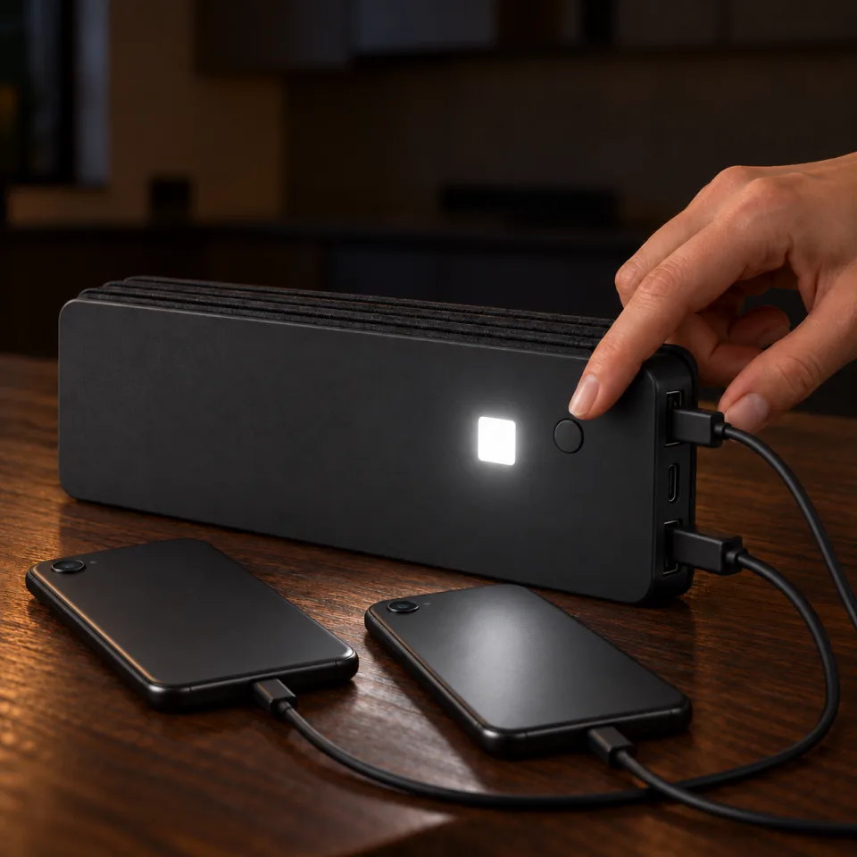 A finger presses the button on a folded TerraCell standing on a table at night, its built-in light on and two phones charging from it.