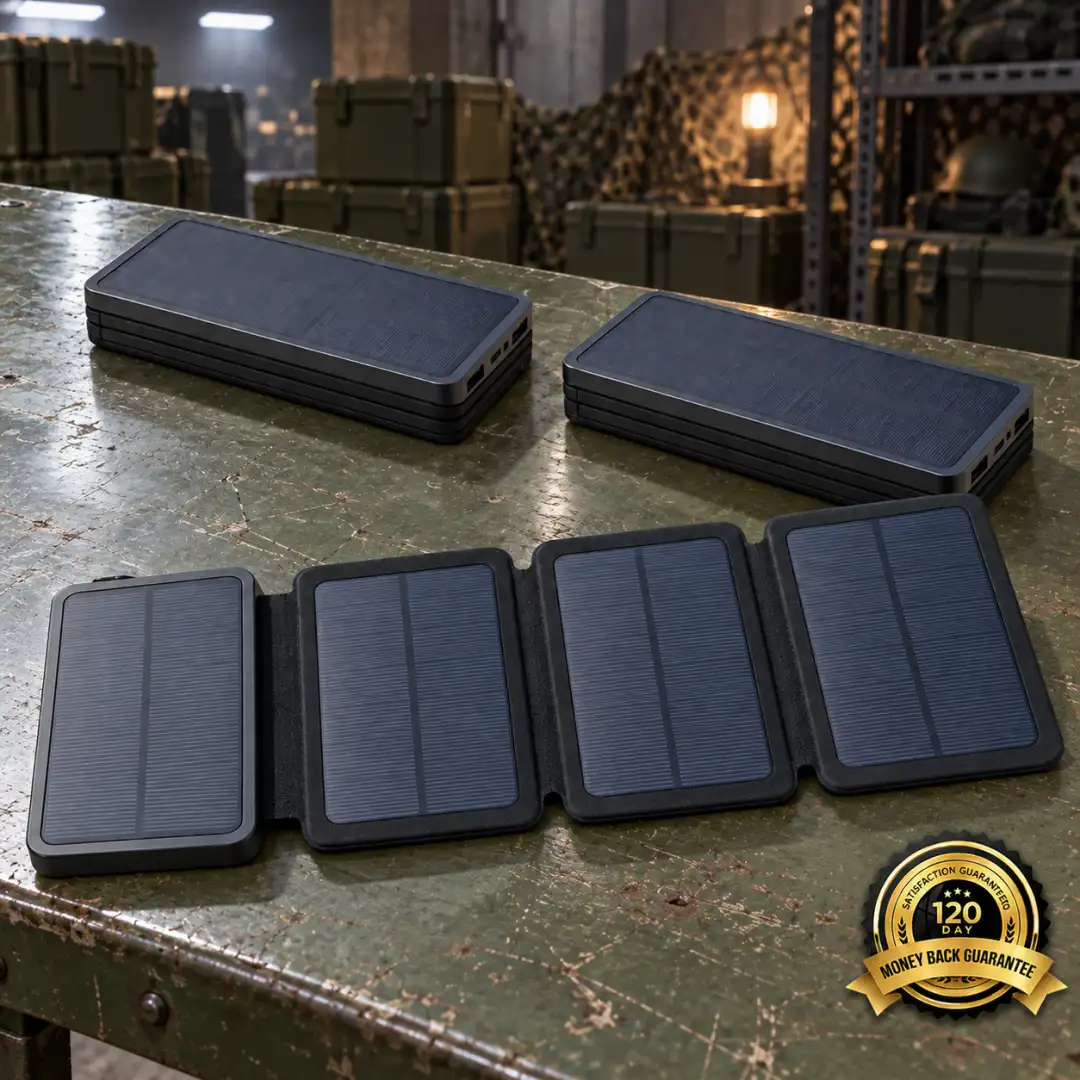 Three TerraCells on a steel field table in a military supply hangar, one opened flat in front and two folded behind, beside the 120-day money-back guarantee seal.