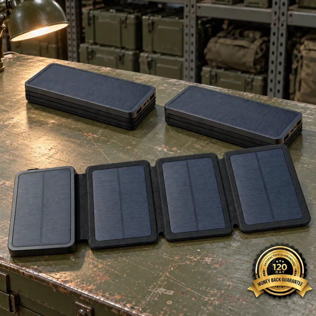 Three TerraCells on a steel field table in a military supply hangar, one opened flat in front and two folded behind, beside the 120-day money-back guarantee seal.