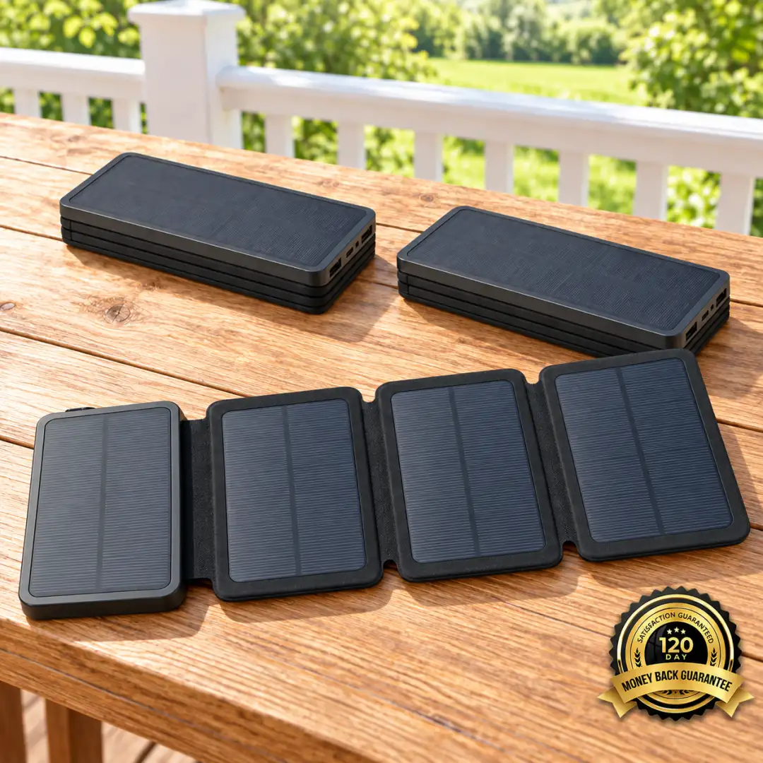 Three TerraCells on a sunny porch table, one opened flat in front and two folded behind, beside the 120-day money-back guarantee seal.