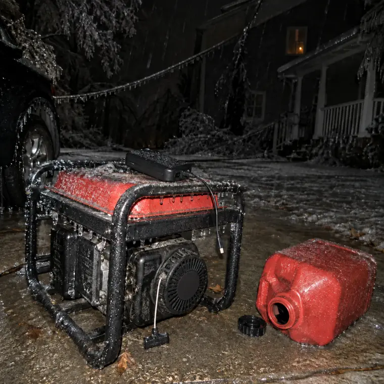 An iced-over generator and an empty gas can in a dark driveway during an ice storm, a dead power bank lying on top.