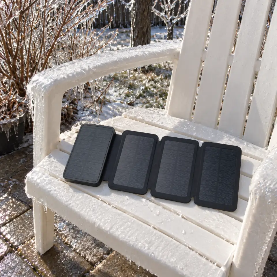 Bernice's TerraCell open on a patio chair after the ice storm.