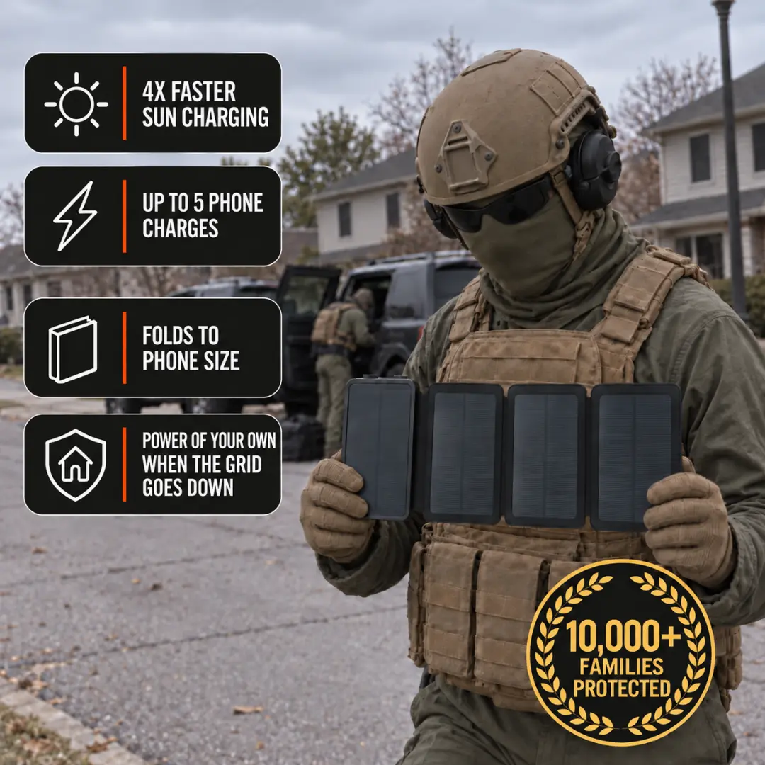 10,000+ Families Protected. A man in plain field gear, helmet on and face covered, checks TerraCell open in his gloved hands beside a dark SUV on a street where every house has lost power; stamps: 4x faster sun charging, up to 5 phone charges, folds to phone size, power of your own when the grid goes down.