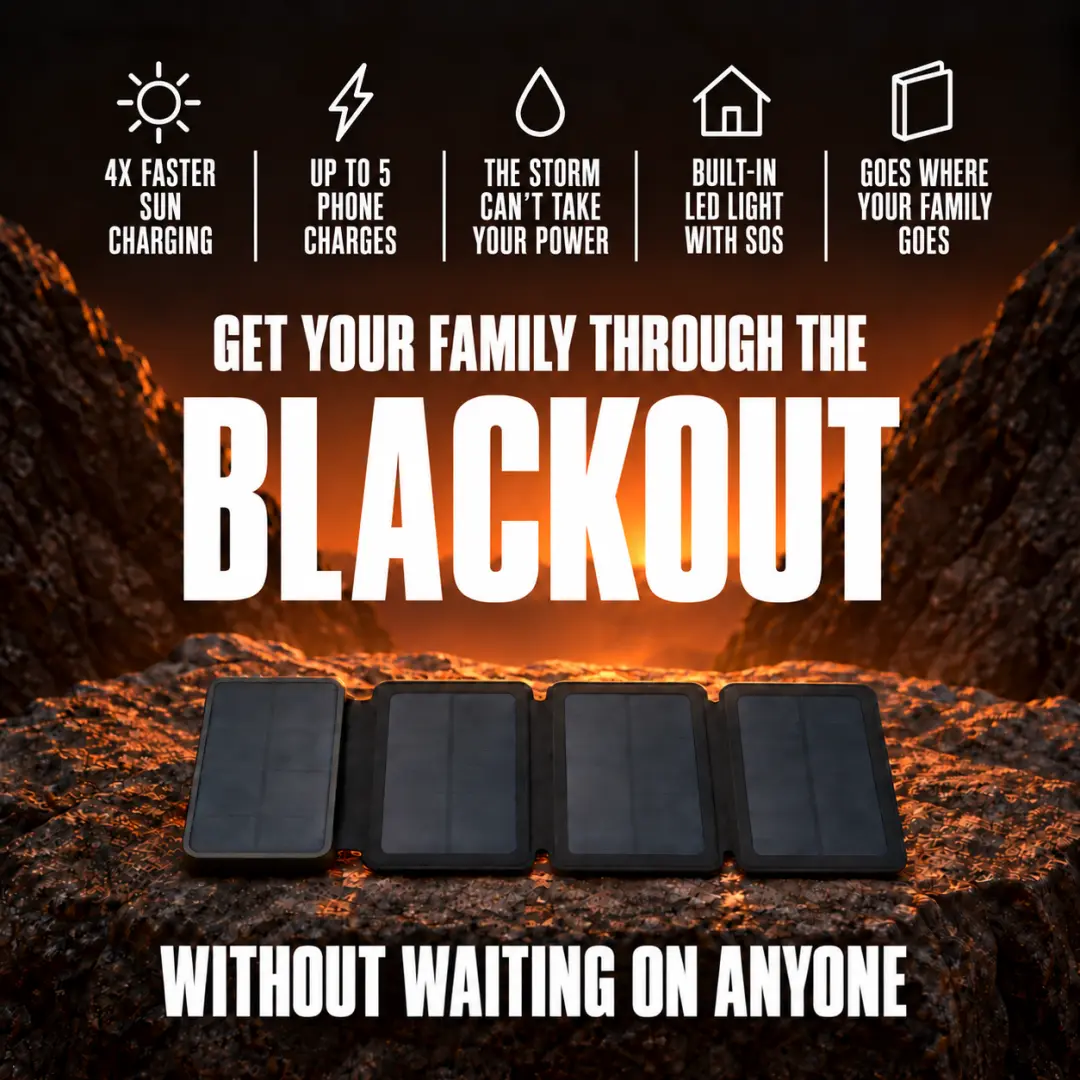 Get Your Family Through the Blackout Without Waiting on Anyone. TerraCell open on a rock at mountain dusk, the sun glowing behind it.