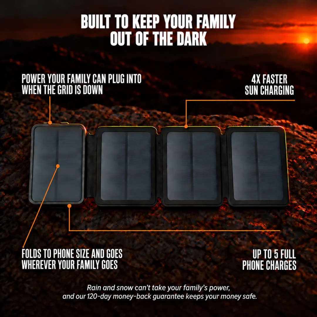 Built to Keep Your Family Out of the Dark. TerraCell open on dark rock at dusk, callouts pointing to its sun panels and the plugs on its short edge.