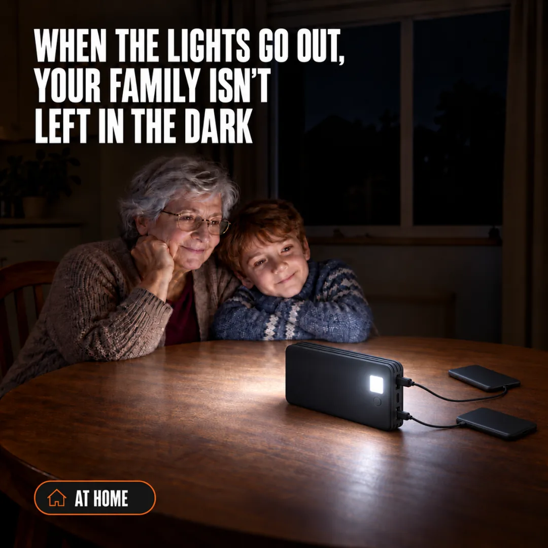 When the Lights Go Out, Your Family Isn’t Left in the Dark. A grandmother and her grandson at the kitchen table in a blackout, lit by the LED light on a folded TerraCell standing on the table, two phones charging from it by cable.