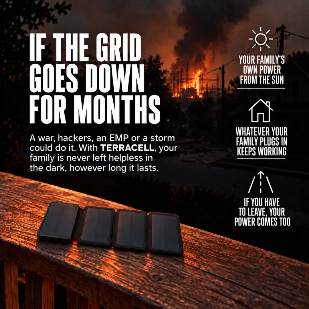 If the Grid Goes Down for Months. A dark street at dusk with a substation burning on the horizon and a power line down, TerraCell open on a porch rail in the foreground.