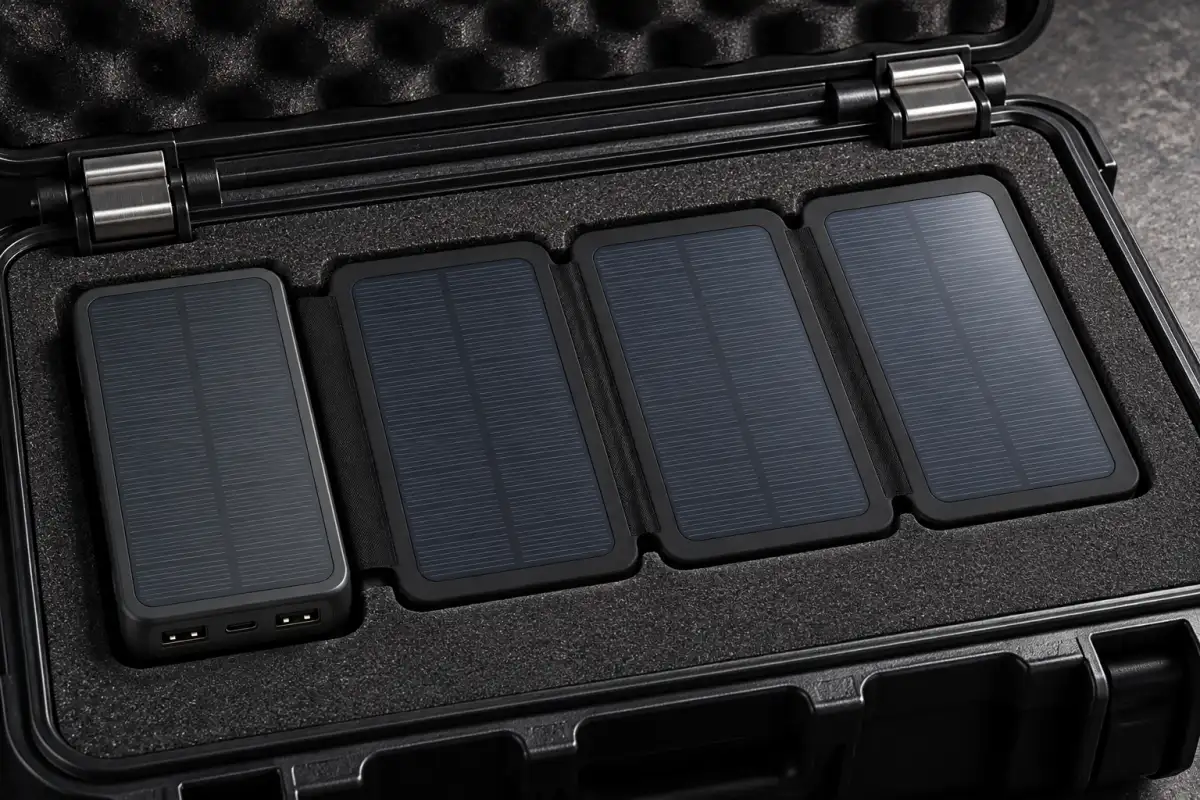 TerraCell open in a rugged hard case: its four solar panels in a row, and its two USB ports and USB-C port on the end.
