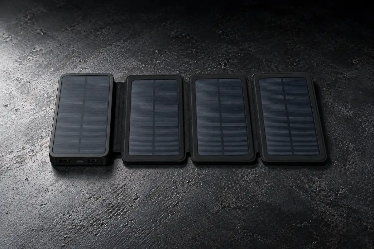 TerraCell opened flat on dark steel: its four solar panels in a row, and its two USB ports and USB-C port on the end.
