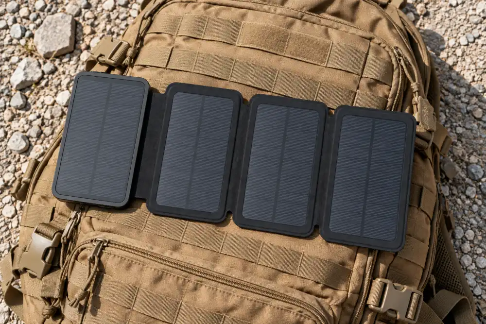 TerraCell opened flat on dark steel: its four solar panels in a row, and its two USB ports and USB-C port on the end.