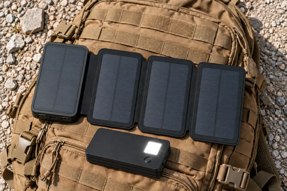 TerraCell opened flat on dark steel: its four solar panels in a row, and its two USB ports and USB-C port on the end.