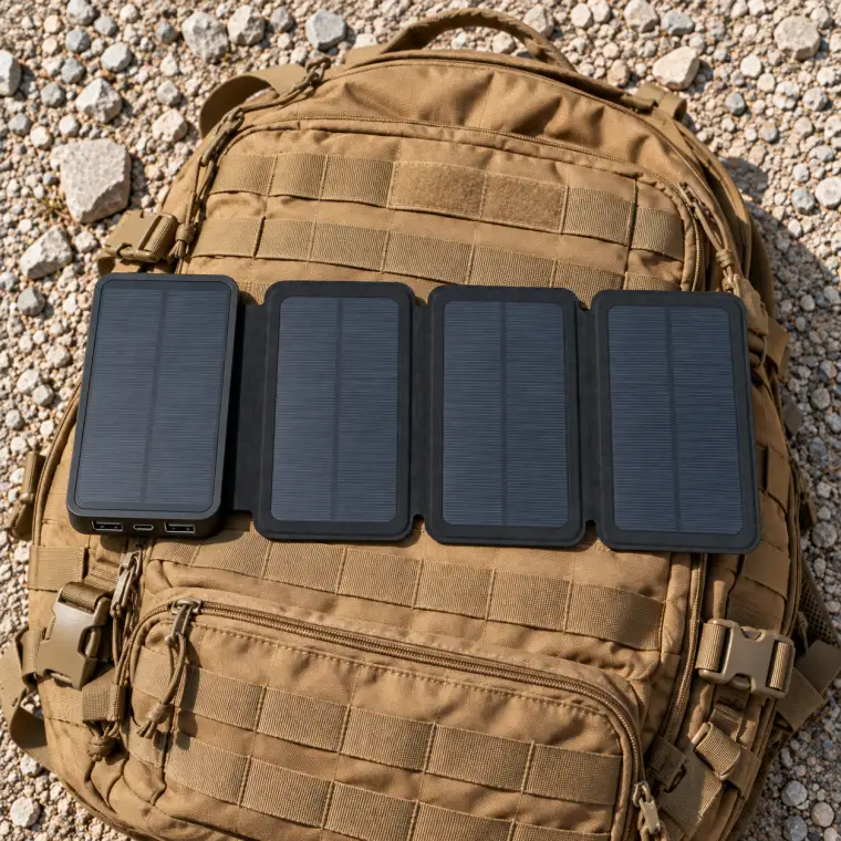 TerraCell opened flat on dark steel: its four solar panels in a row, and its two USB ports and USB-C port on the end.