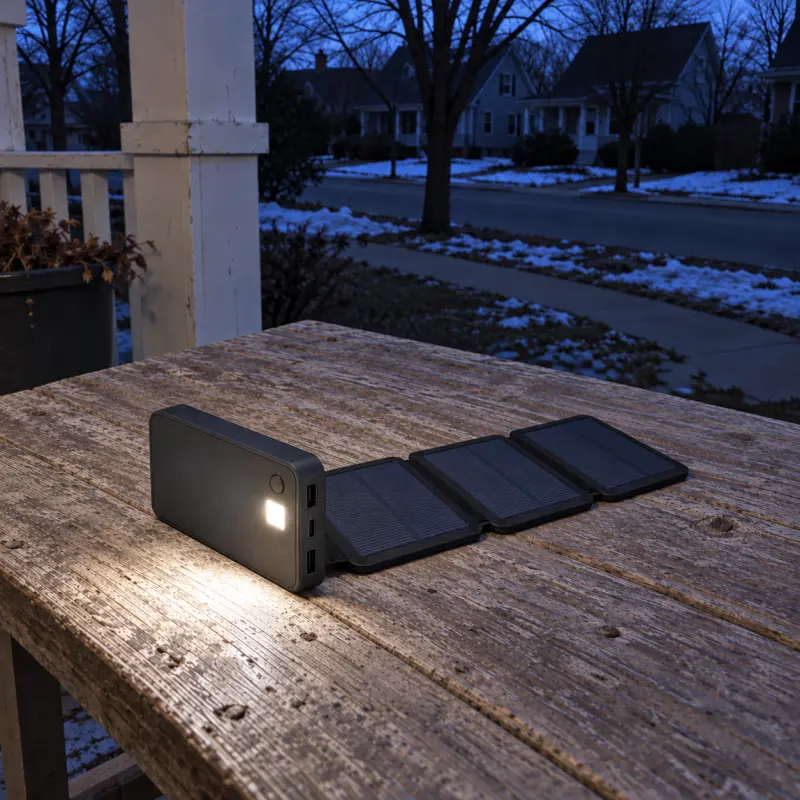 TerraCell open on a porch table at dusk on a street with the power out, its main body standing up and the built-in LED light on its back switched on.