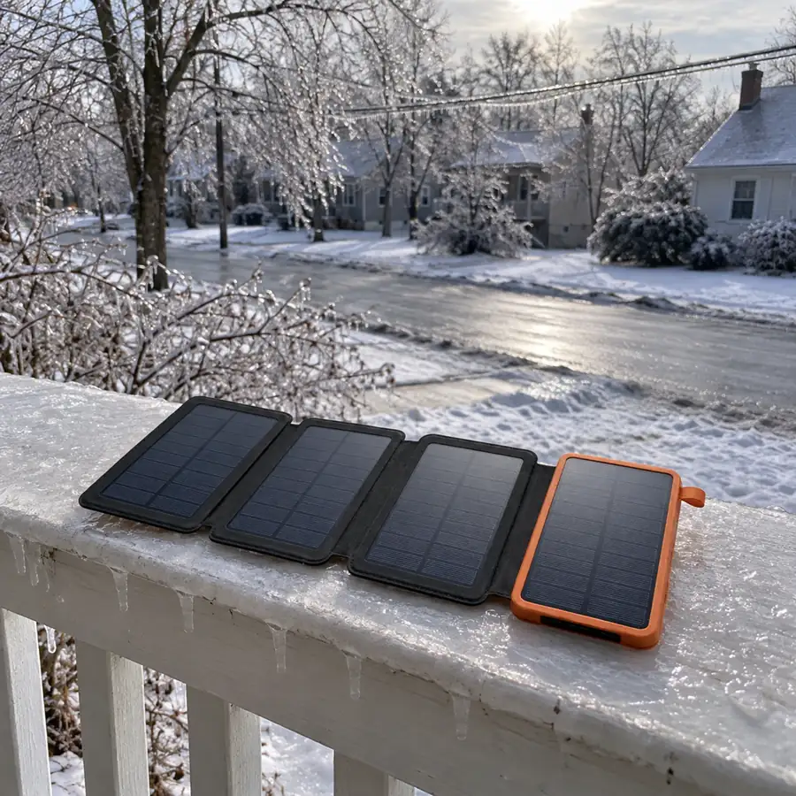 The TerraCell Max open on an iced porch rail in weak winter sun, the street dark after an ice storm