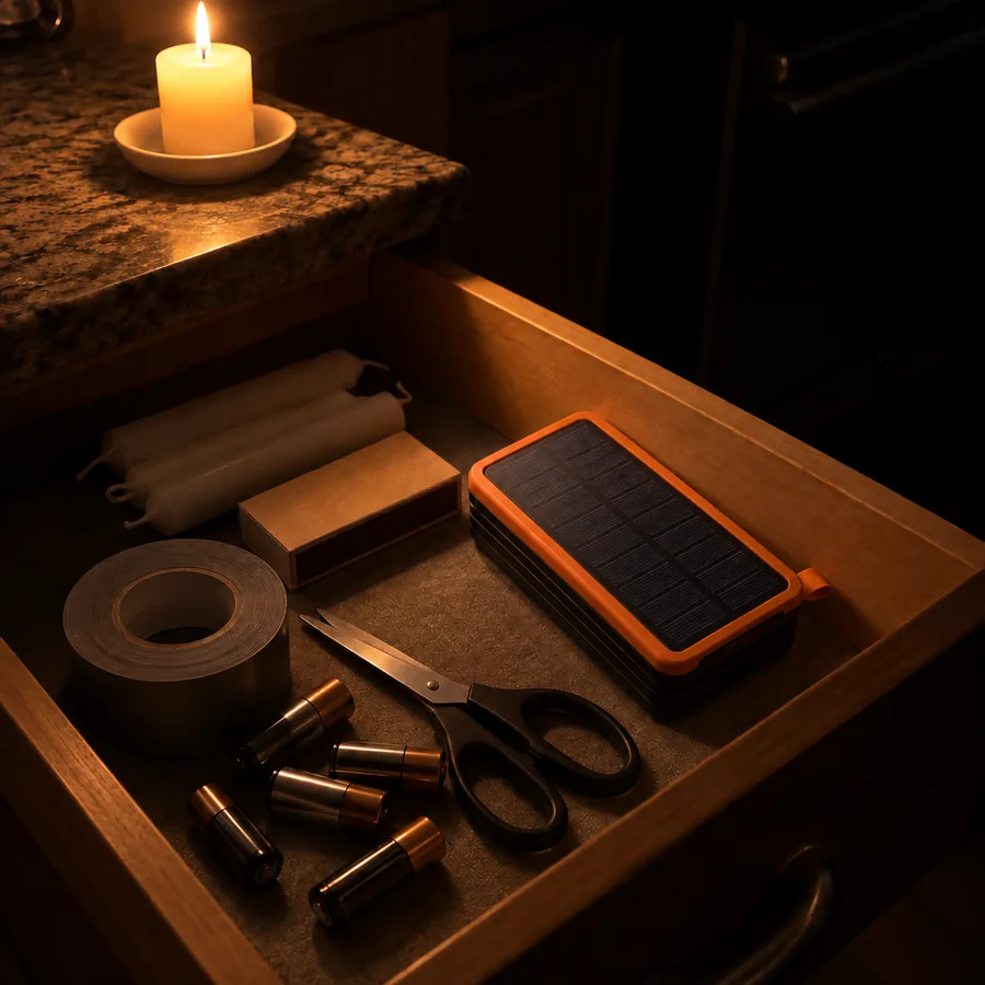 An open kitchen drawer at night lit by one candle, the folded TerraCell Max's orange body catching the light first