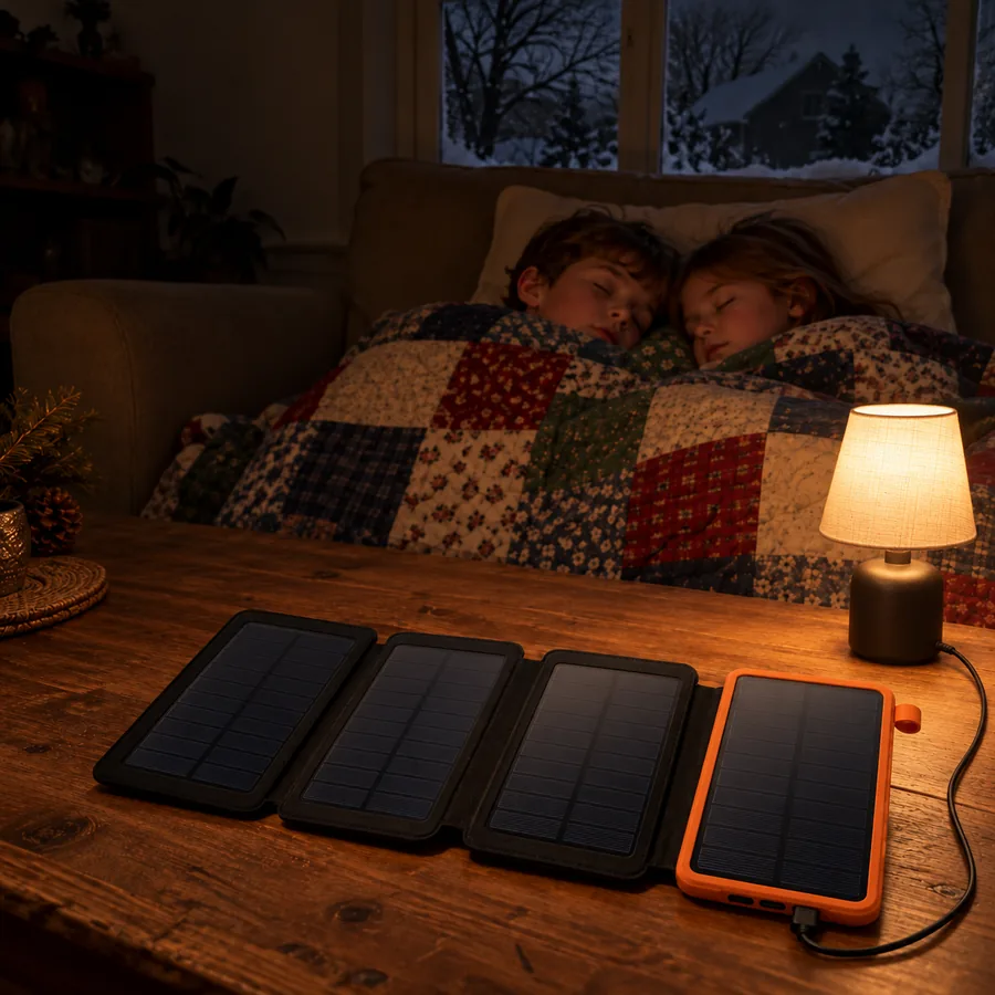 Two children asleep under a patchwork quilt on the couch during a winter blackout, lit only by a small lamp plugged into the TerraCell Max open on the coffee table in front of them