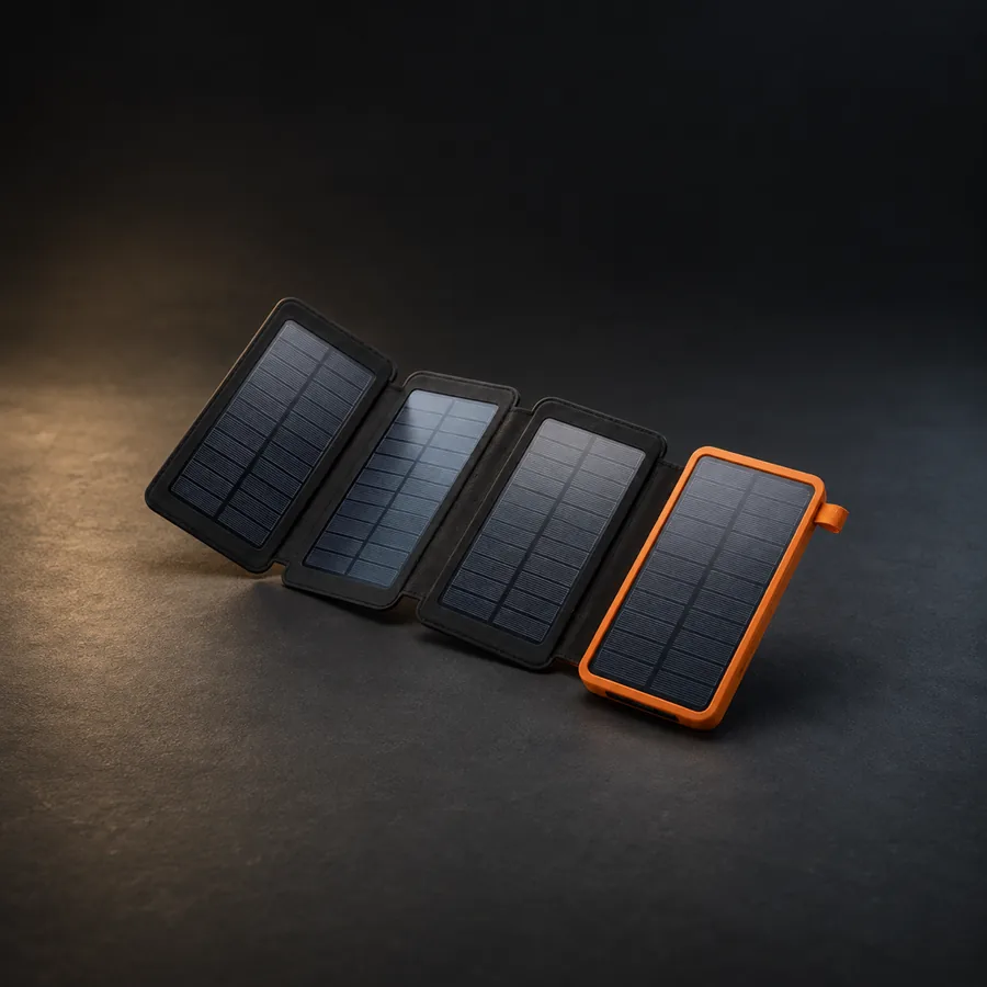 The TerraCell Max opened out flat: four solar panels in a row, the first set in its orange main body with a small orange loop, the other three in black fold-out frames