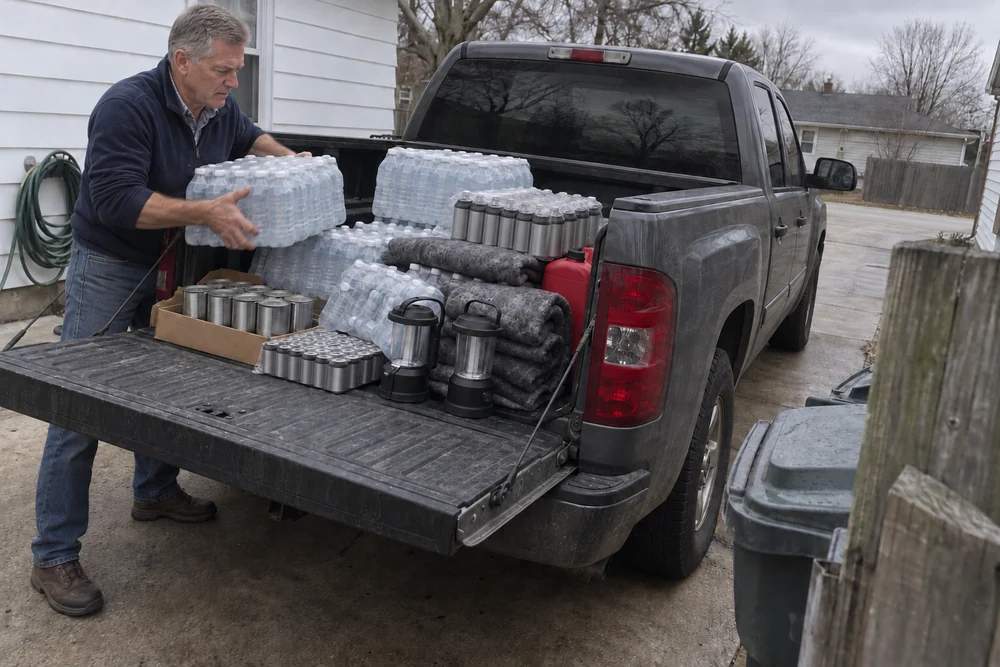 Curtis, a fit gray-haired man in a navy fleece, lifting a case of bottled water out of the back of his dark gray pickup on a grey afternoon, the bed loaded with water, canned food, lanterns, blankets and a red gas can