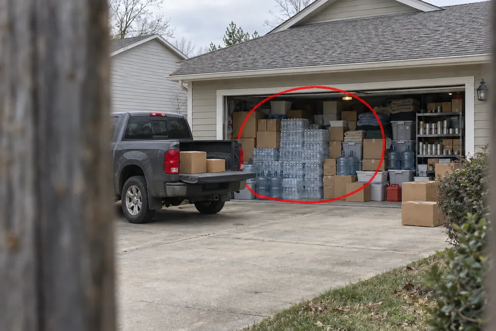 Seen through a gap in a neighbor's fence in daylight: a dark gray pickup in the driveway and a garage packed to the ceiling with water, bins and unlabeled boxes, circled in red