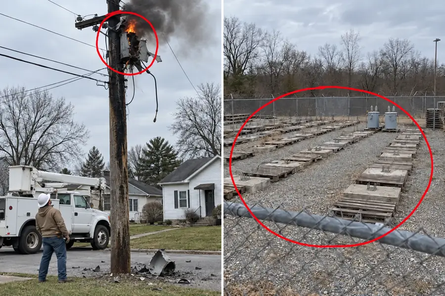 Two news photos side by side: a pole transformer just blown open, burning and pouring black smoke, circled in red, a lineman looking up at it; and a power company's storage yard with almost every spare-transformer spot empty, circled in red