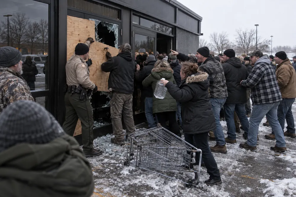 The third day of a winter blackout: a deputy and a store worker nailing plywood over the smashed glass door of a dark grocery store while a crowd shouts at the other door, an overturned cart in the slush