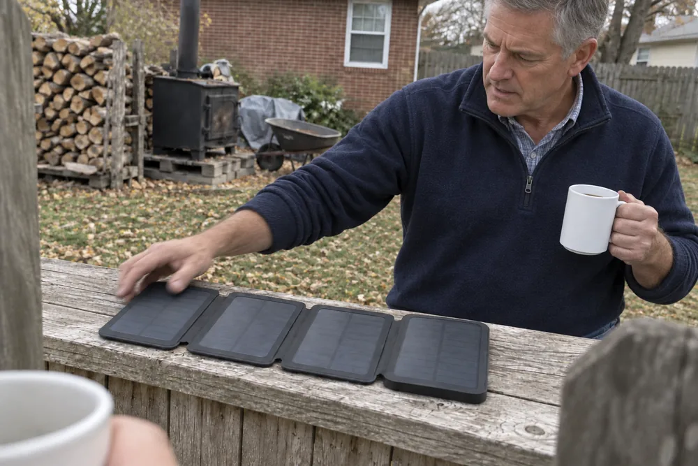Curtis, a fit gray-haired man in a navy fleece, holding his coffee and flipping open a TerraCell on the fence top on a grey morning, his firewood and the new wood stove behind him