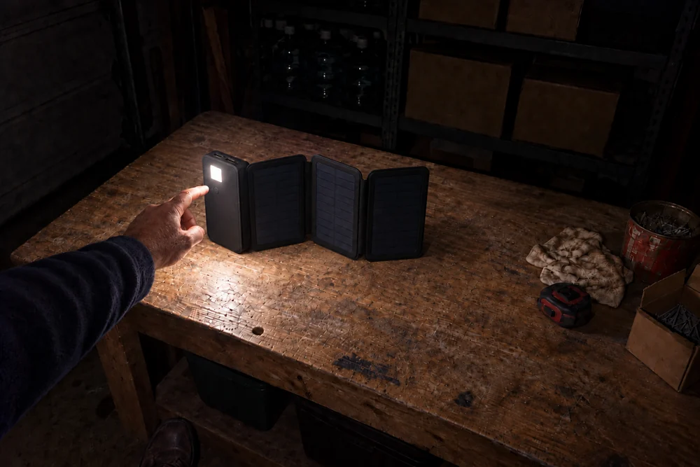 A dark garage workbench lit only by the square LED light on the back of a TerraCell standing open on the bench, a man's finger just leaving its power button