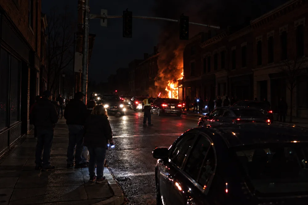 A small-city downtown at night in a blackout, every building dark except a shop on fire down the block, a police officer with a red light wand directing cars under a dead traffic light