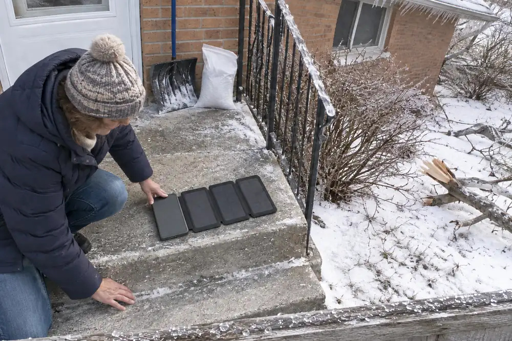 Pam in her winter coat crouched on her icy back steps, laying an open TerraCell flat, icicles on the gutter and a snapped limb in the yard