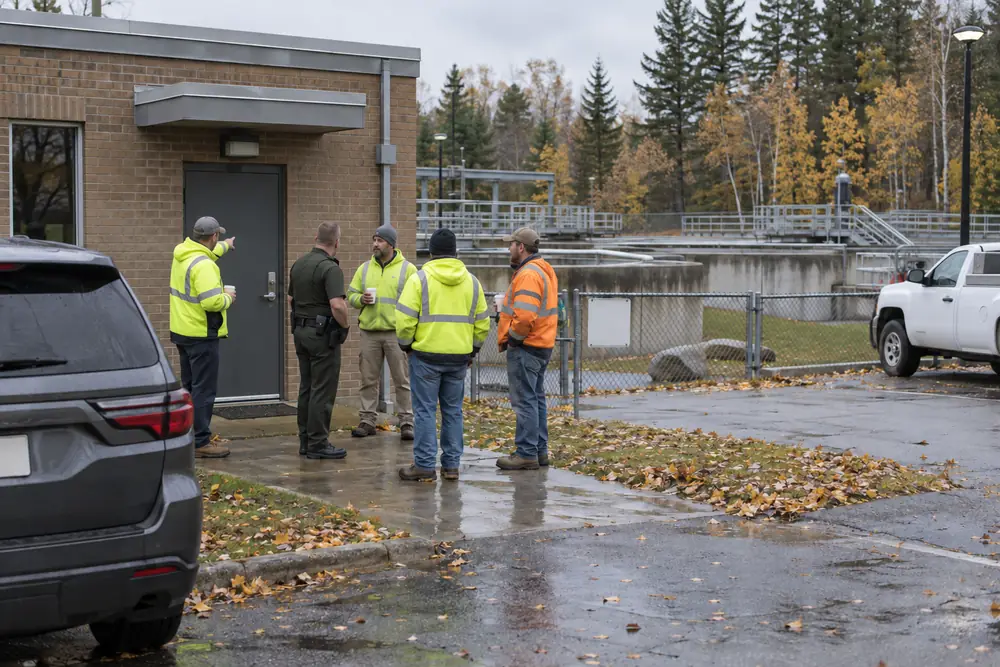 Plant workers in hi-vis jackets outside the locked door of a small-town water treatment plant on a wet autumn morning, one pointing back at the building as they talk with a sheriff's deputy